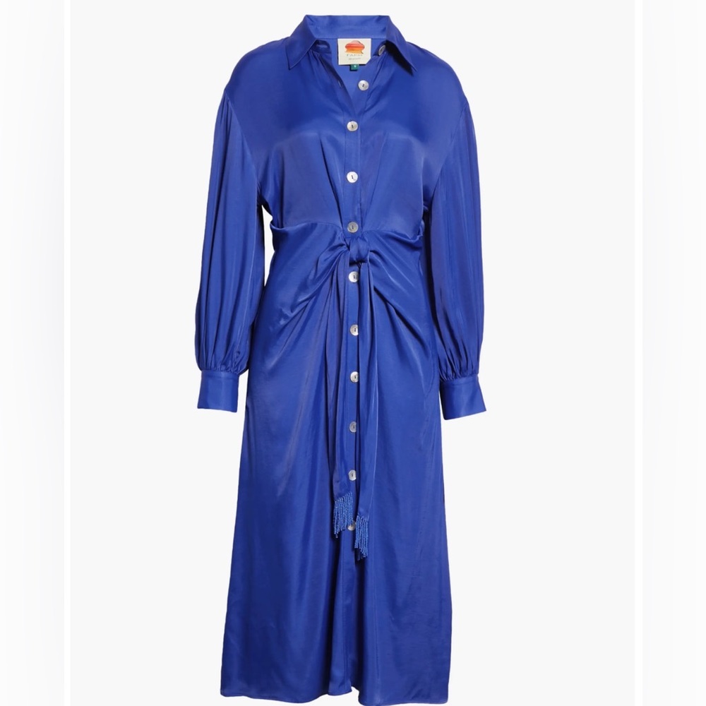 Farm Rio Dress. Long Sleeve. Sz LRG. Blue. Appears new. Beading on Belt. MIDI